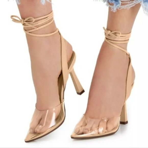 Wild Pair Shoes - Wild Pair Liberate Lace-up Dress Sandals Nude Vinyl -7.5